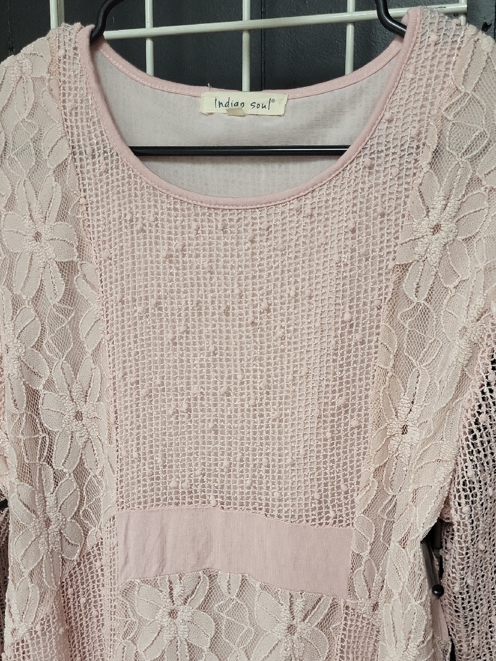 Indigo soul Boho Dusty Petunia  Pink Lace-Trim Top, Size L